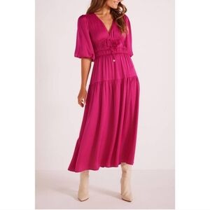New MINKPINK Safira Midi Dress Pink Fuschia Berry Silk Dress sz XL
